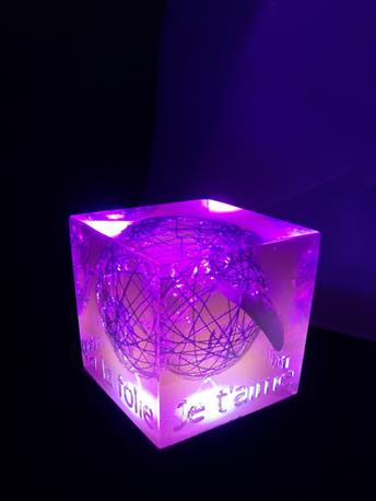 Lampe cube en résine crystal, fuschia avec inclusion, gravure texte
Embase lumineuse en acier couleur noire.